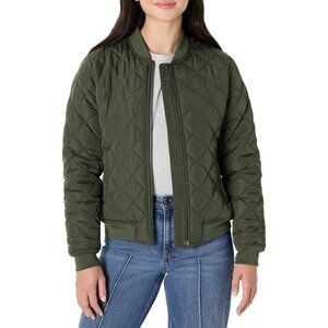 Women's Olive Quilted Bomber Jacket Coat Style Cool Weather Front Zipper Closure